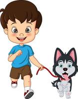 Cartoon little boy playing with dog