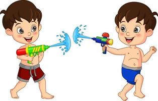 Cartoon kids playing a water gun vector