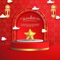 fondo de saludo islámico ramadan kareem con linterna, estrella, patrón árabe y podio 3d vector