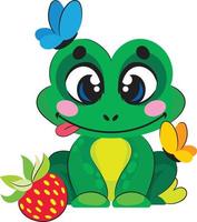 a little cute frog smiles, butterflies sit on it, and strawberries lie nearby vector