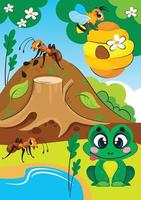 an anthill with ants on the lawn, a beehive with bees, a frog near the lake vector