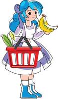 and bananas in her hand in the store chooses products and puts them in a grocery basket vector