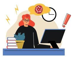 A tired woman is sitting at work. A woman dreams of pizza at work. Fatigue, emotional burnout. A woman is sitting on a computer, a workplace vector