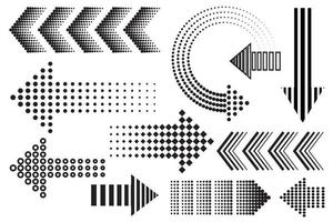 flechas de patrón de puntos, elementos de diseño de memphis de medio tono negro. Flecha de semitonos establece iconos vectoriales monocromáticos aislados sobre fondo blanco. vector