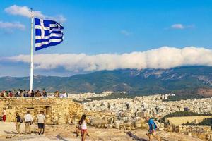 Athens Greece 04. October 2018 Greek blue white flag with ruins Acropolis of Athens Greece. photo