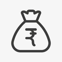 icono de rupia. saco con rupia india aislado sobre fondo blanco. pictograma de vector de icono de contorno de bolsa de dinero. símbolo de moneda india.