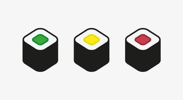 una ilustración vectorial de tres piezas de maki sushi, pepino, rábano amarillo y salmón, sobre fondo blanco. vector