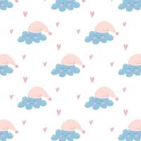 Vector pattern with cute cloud and hearts. Childish pattern with a cloud in a cap. Good night pattern.