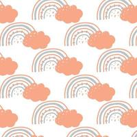 Vector pattern with rainbow and cloud in kids style. Boho style rainbow pattern.