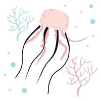 Childrens illustration of pink jellyfish with algae. Hand drawn poster with cute jellyfish for nursery. vector