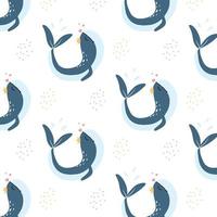 Vector pattern with cute whale and hearts. Childish pattern with a blue whale.