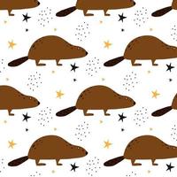 Childrens pattern with flowers and stars. Patern with a cute beaver. vector