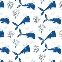 Childrens pattern with blue whales. Patter with cute whale and narwhal. Suitable for fabrics, wrapping papers and prints. vector