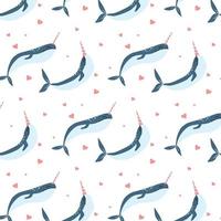 Vector pattern with two narwhals and hearts. Childish cute pattern with narwhals.