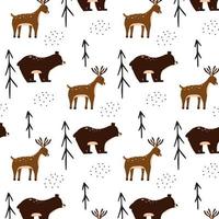 Childish pattern with deer and bear. Hand-drawn pattern with forest animals. vector