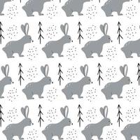 Vector pattern with hares. Children's hand-drawn pattern with hares. Blue cute hares in the forest.Pattern for fabrics, open, prints.