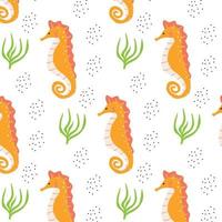 Childrens pattern with seahorse and seaweed. Hand-drawn pattern with bright seahorse in cartoon style. vector