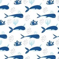 Childrens pattern with blue whales. Patter with cute whale and narwhal. Suitable for fabrics, wrapping papers and prints. vector