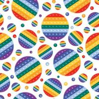 patrón vectorial sin costuras con un moderno juguete pop it fidget en colores del arco iris. Juguete en forma de círculo con burbujas de empuje, juguete antiestrés para niños y adultos. vector