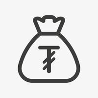 Tugrik icon. Sack with mongolian tugrik isolated on white background. Money bag outline icon vector pictogram. Mongolian currency symbol.