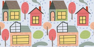 Scandinavian house seamless pattern with smoke and tree. Hand drawn vector illustration. Cottage with windows and a roof for childrens textiles.Village landscape with cute houses