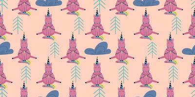 Scandinavian unicorn seamless pattern with cloud and tree. A pink horse with a horn sits on a pink background. Children's textile with a bright rainbow. vector