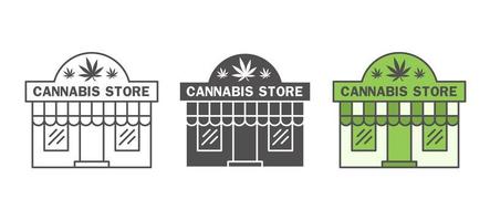 conjunto de iconos de la tienda de cannabis. tienda de marihuana medicinal para comprar hierba. esbozar la ilustración del edificio frontal sobre fondo blanco. vector