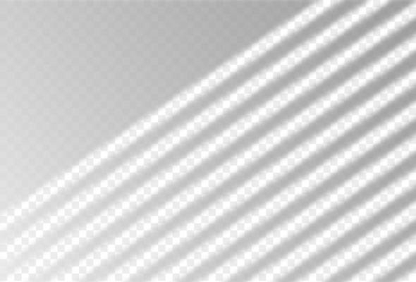 Overlay shadow from window blinds on floor and wall. Transparent reflection sun effect and natural lighting on background. Realistic gradient vector illustration. Louvers