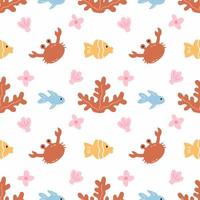 patrón sin costuras fondos marinos y mundo submarino. lindo cangrejo, pescado y algas. fondo de vivero. papel tapiz interminable para imprimir en tela. vector
