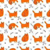 Seamless pattern with orange cat. Cute kitten on white background. Doodle set. Background for sewing children clothes. Printi on fabric and wrapping paper. vector