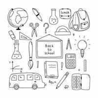 Doodle set back to school. Collection of vector icons. Design elements. Sketches on topic of training and education.