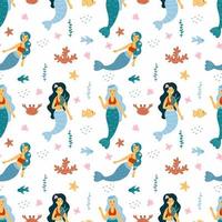 Seamless pattern with mermaid. Cute wallpaper for nursery. Marine life. Background for print on fabric. Packing paper. Princess for girl. vector