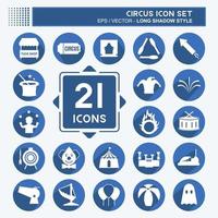 Circus Icon Set in trendy long shadow style isolated on soft blue background vector