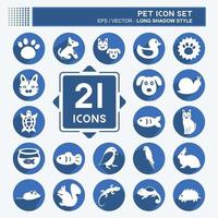 Pet Icon Set in trendy long shadow style isolated on soft blue background vector