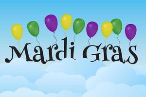 Mardi Gras carnival vector background with green, purple and yellow balloons in the sky. Easy to edit design template for your projects.