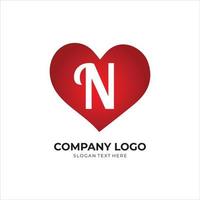 N letter logo with heart icon, valentines day concept vector