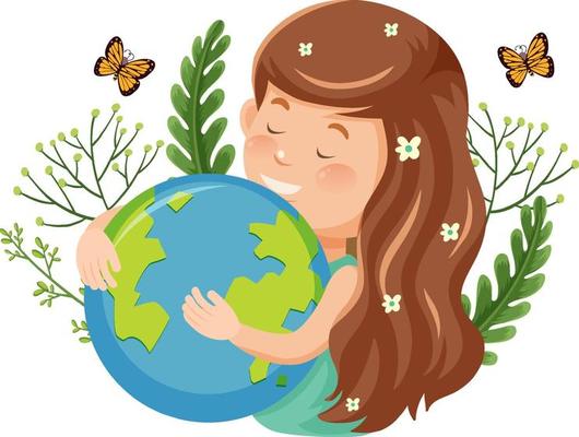 Girl hugging earth globe with nature elements