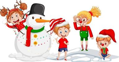 niños con un muñeco de nieve sobre fondo blanco vector