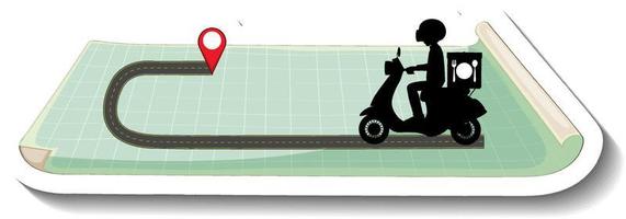 una plantilla de etiqueta con un repartidor montando scooter en el mapa vector