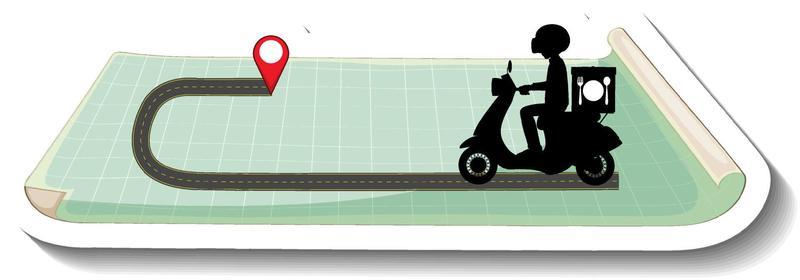 A sticker template with delivery man riding scooter on map