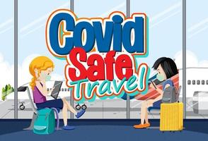 Covid Safe Travel logo banner with passengers waiting for boarding vector