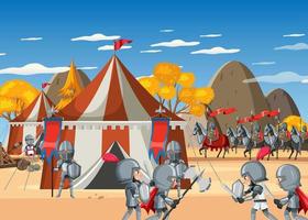 escena del campamento medieval con caballeros en estilo de dibujos animados vector