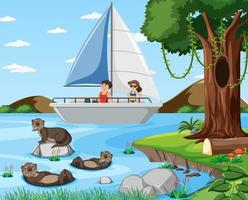 River forest scene with traveller on a sailboat vector