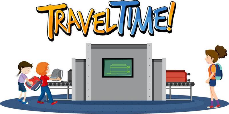 Travel Time typography design with passengers waiting for luggages