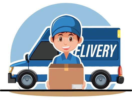 Courier holding a package with delivery panel van
