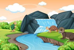 Waterfall in the forest with tortoises and an otter vector