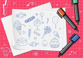 Hand drawn doodle icons on paper vector