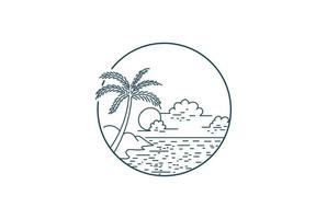 Sunset Beach with Palm Tree Line Linear Badge  Emblem Logo Design vector