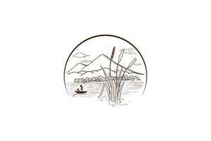 vintage retro circular river creek lago pantano con caña de hierba totora y pescador insignia emblema etiqueta logotipo diseño vector