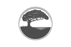 servicio de árbol de arce de roble vintage retro con diseño de logotipo de etiqueta de emblema de insignia de río lago vector